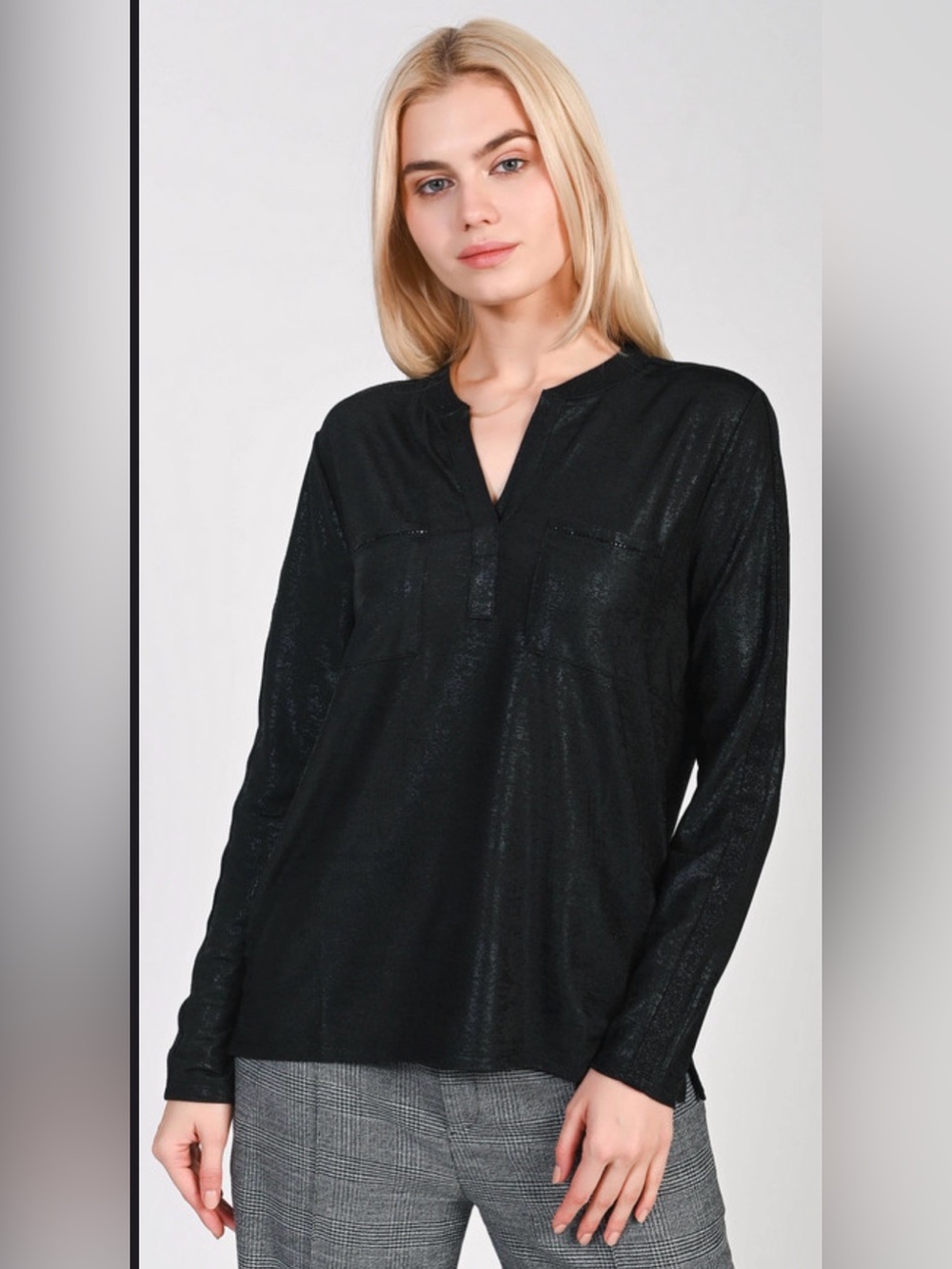 Monari Black Sparkle V-Neck Long-Sleeve Blouse